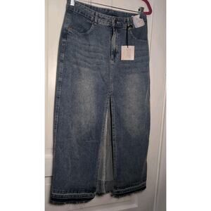 Happily Grey Denim Maxi Skirt Blue High Front Slit Raw Hem Size 9/28 Boho(986)